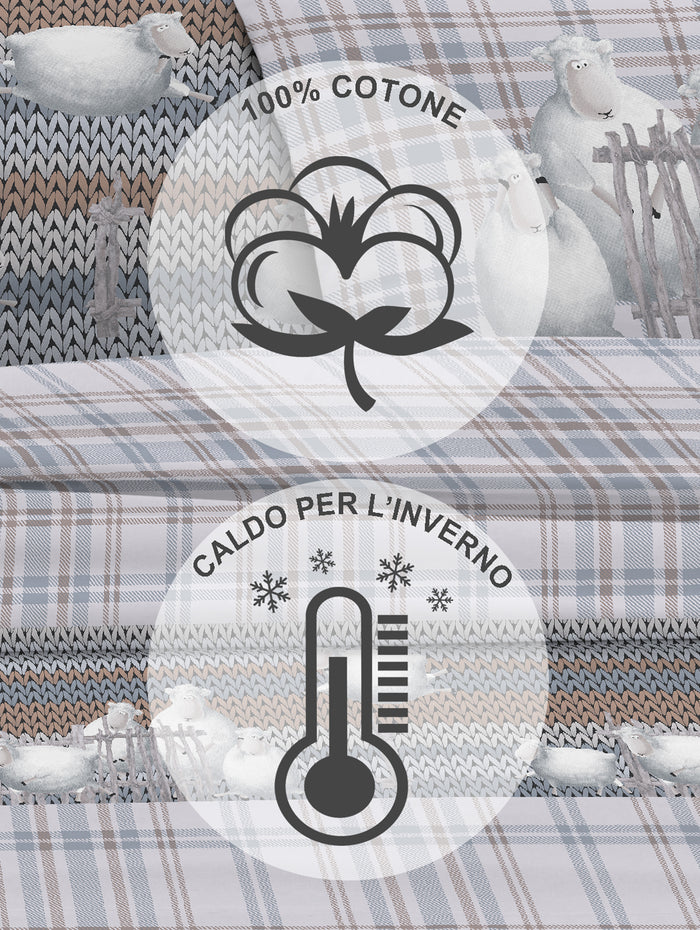 Completo Letto in Flanella Calda e Morbida Anti Pilling - Set Flanellato 3 Misure parure con Federe - Pecorelle grigio - 2 Piazze
