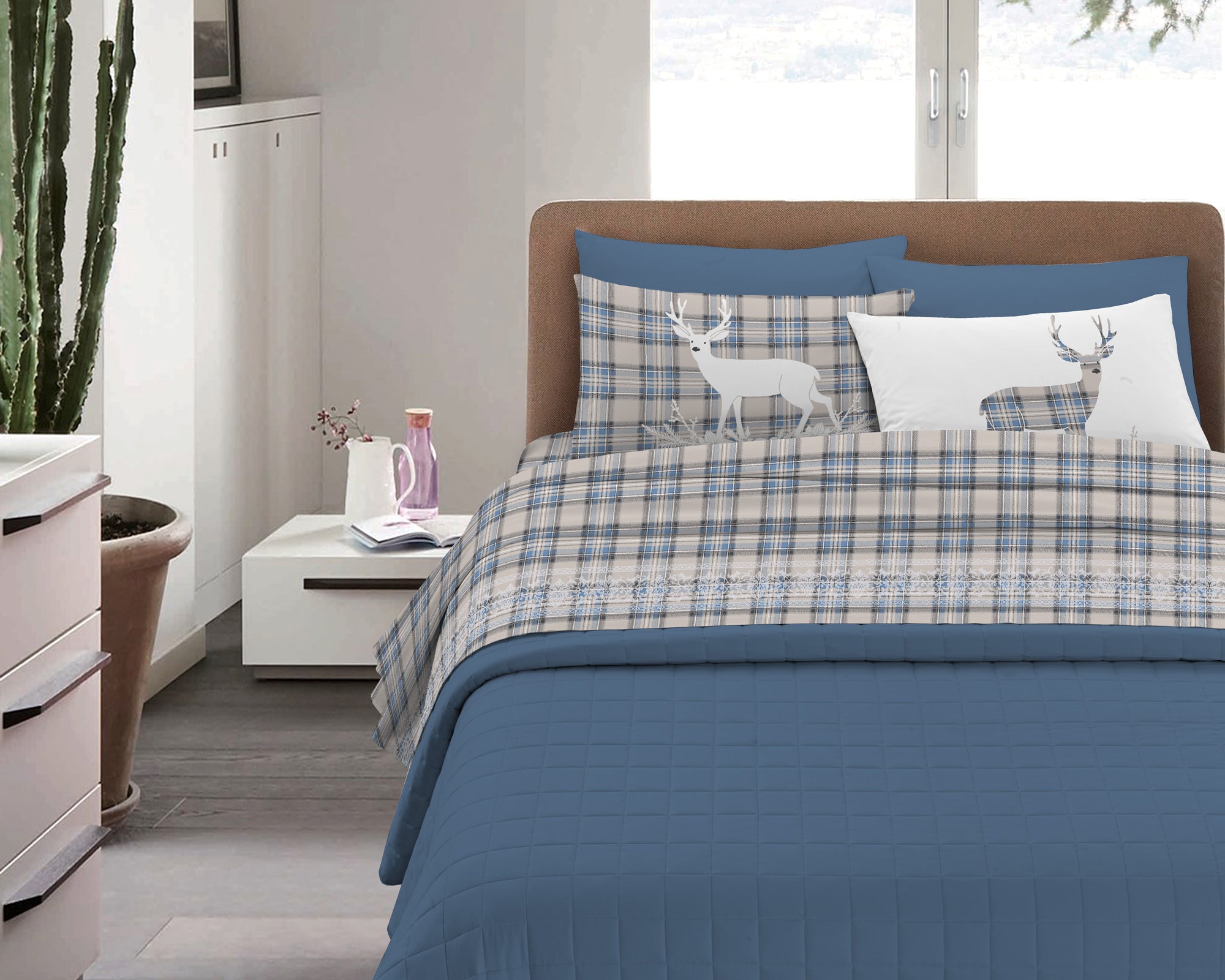Completo Letto in Flanella Calda e Morbida Anti Pilling - Set Flanellato 3 Misure parure con Federe - Tartan azzurro - 1 Piazza