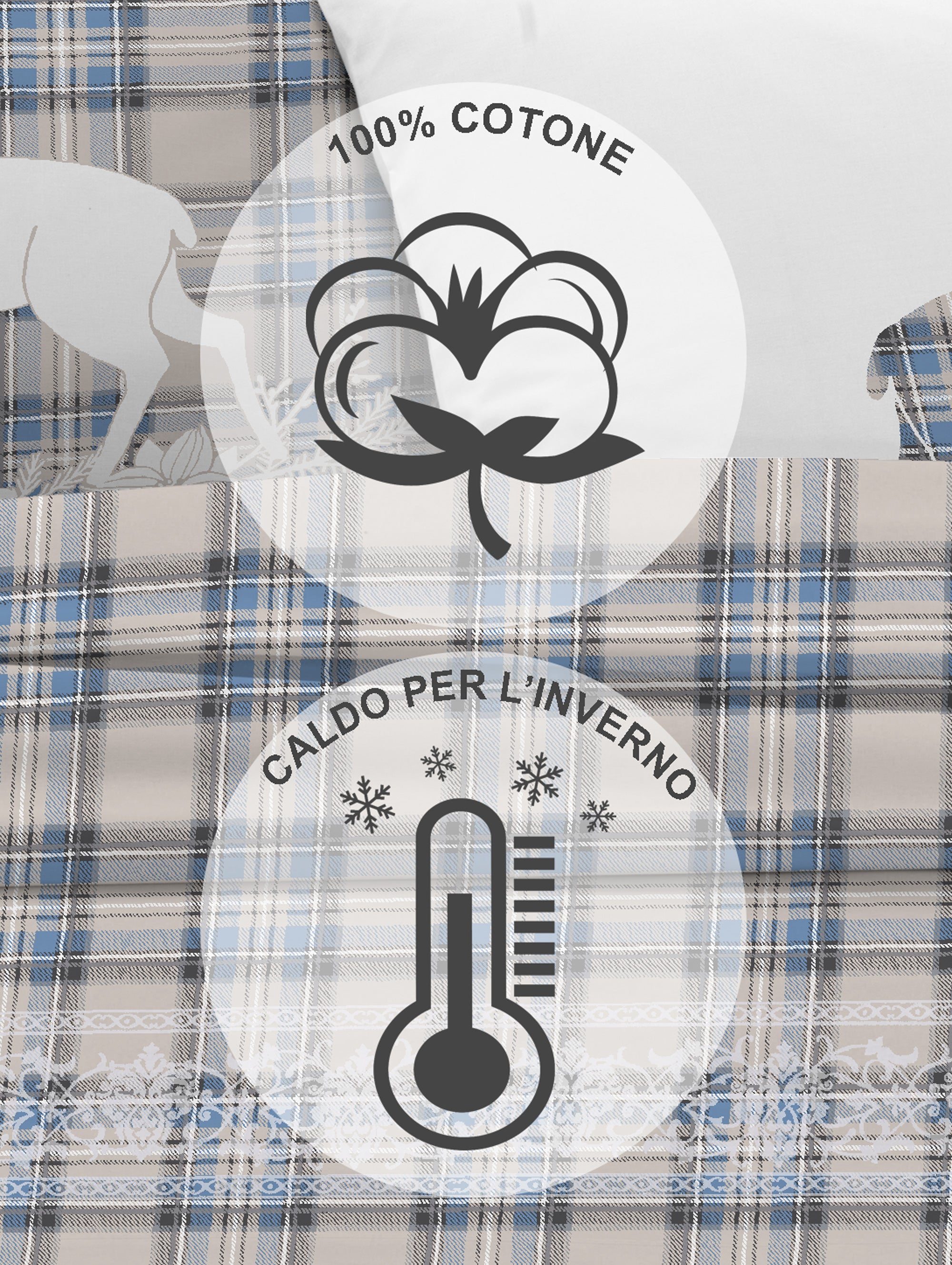 Completo Letto in Flanella Calda e Morbida Anti Pilling - Set Flanellato 3 Misure parure con Federe - Tartan azzurro - 1 Piazza