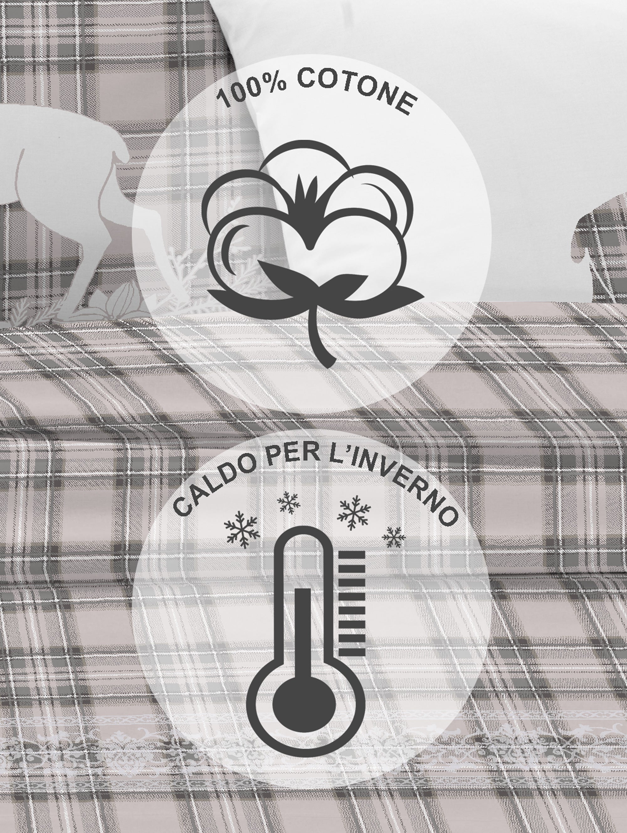 Completo Letto in Flanella Calda e Morbida Anti Pilling - Set Flanellato 3 Misure parure con Federe - Tartan beige - 1 Piazza