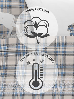 Completo Letto in Flanella Calda e Morbida Anti Pilling - Set Flanellato 3 Misure parure con Federe - Tartan azzurro - 1 Piazza e mezza
