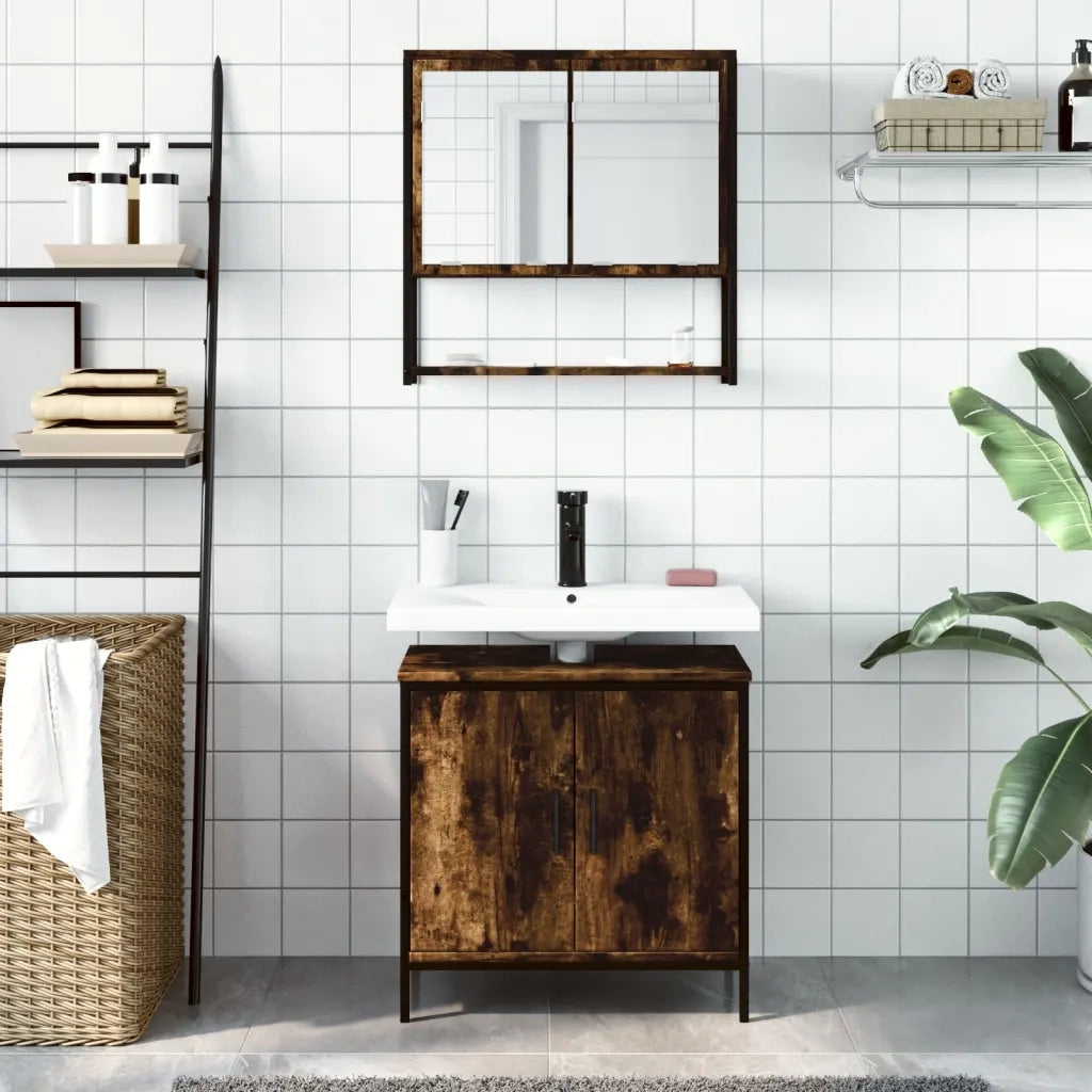 Set Mobili da Bagno | Armadio da bagno 2 pz Rovere Fumo in Legno Multistrato