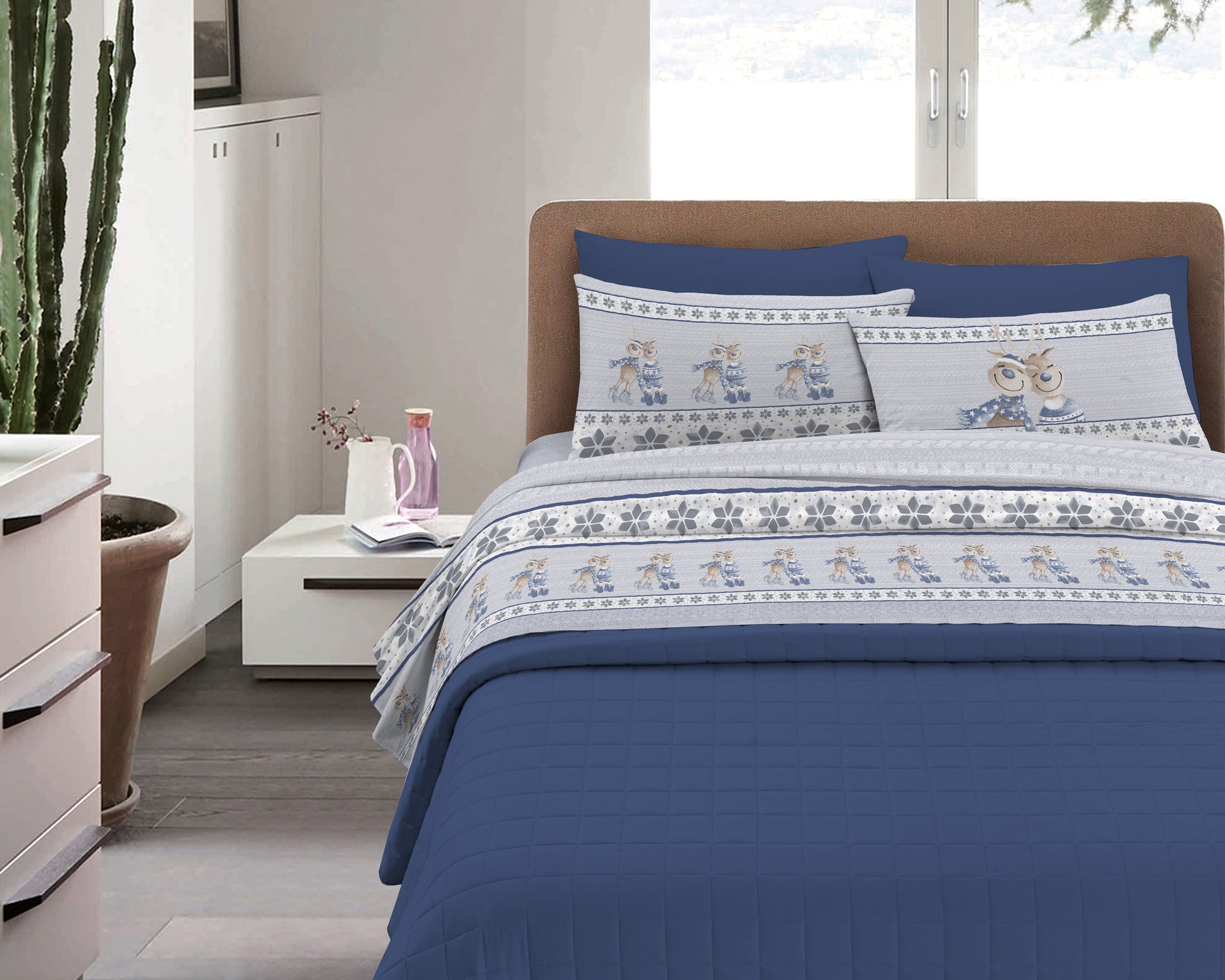 Completo Letto in Flanella Calda e Morbida Anti Pilling - Set Flanellato 3 Misure parure con Federe - Renne blu - 2 Piazze