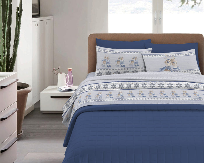 Completo Letto in Flanella Calda e Morbida Anti Pilling - Set Flanellato 3 Misure parure con Federe - Renne blu - 2 Piazze