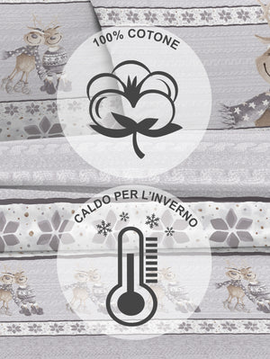 Completo Letto in Flanella Calda e Morbida Anti Pilling - Set Flanellato 3 Misure parure con Federe - Renne grigio - 1 Piazza