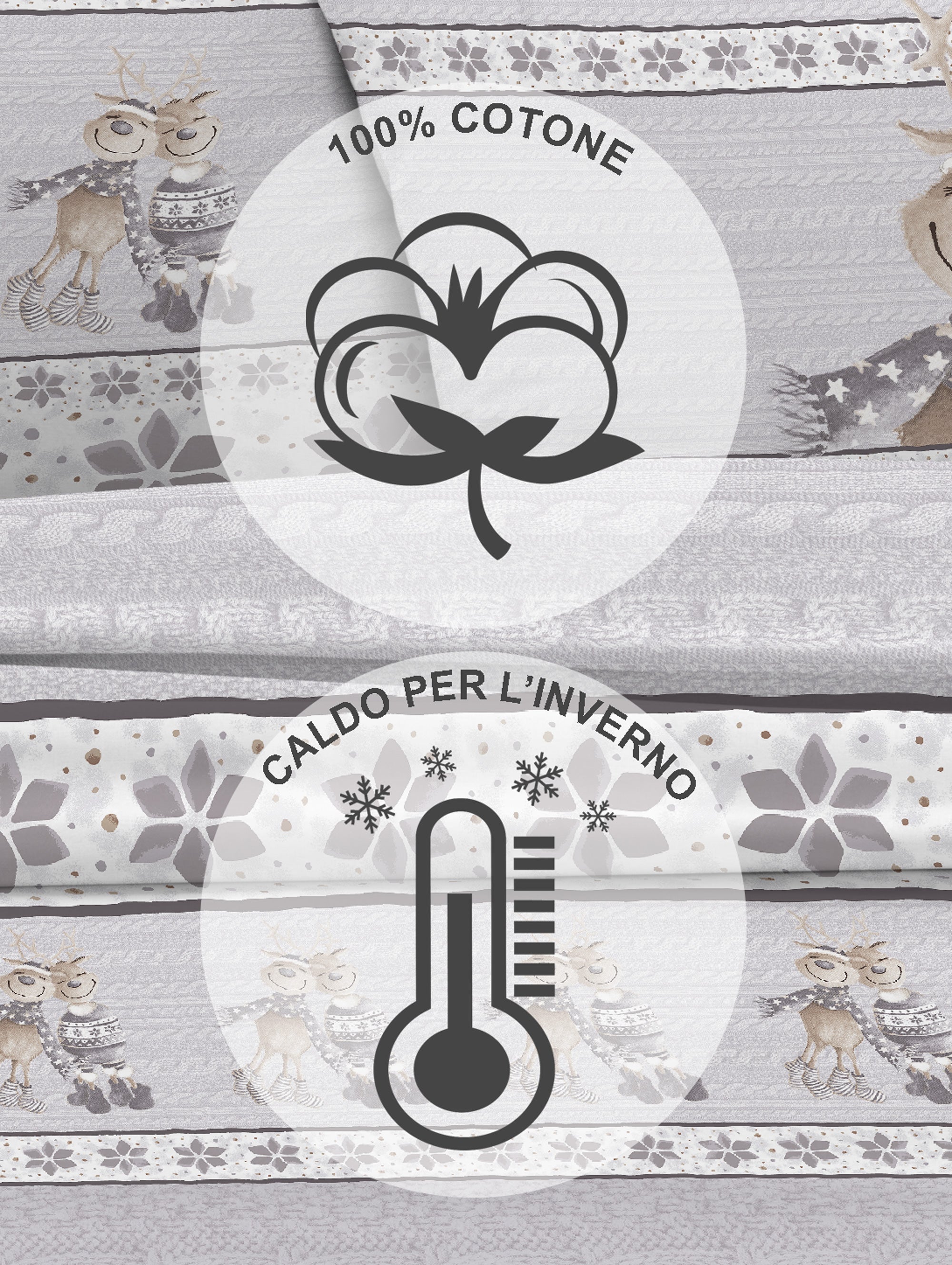 Completo Letto in Flanella Calda e Morbida Anti Pilling - Set Flanellato 3 Misure parure con Federe - Renne grigio - 2 Piazze