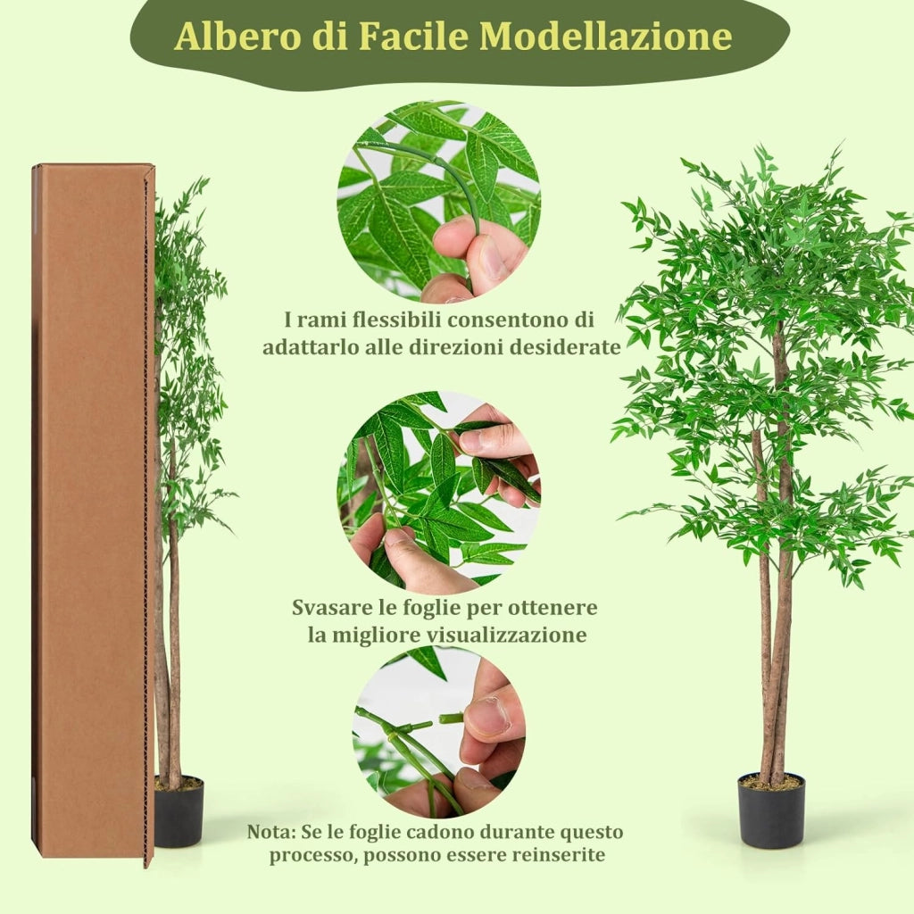 Albero di Bamboo Artificiale 150 CM, Pianta di Bamboo Finta con 1020 Foglie, Tronco in Legno Naturale, Muschio Secco Realistico, Albero Finto Alto da Interno per Casa, Ufficio e Soggiorno
