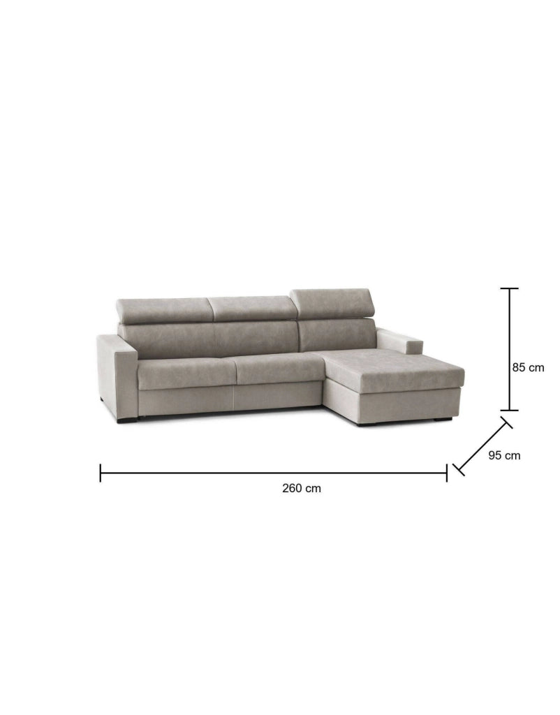 Alibella, Divano Letto con Penisola Sfoderabile Made in Italy, 260x95 cm Grigio Tortora