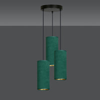 Sospensione Tonda 3 Luci Bente In Acciaio Nero E Paralumi Verde E Oro