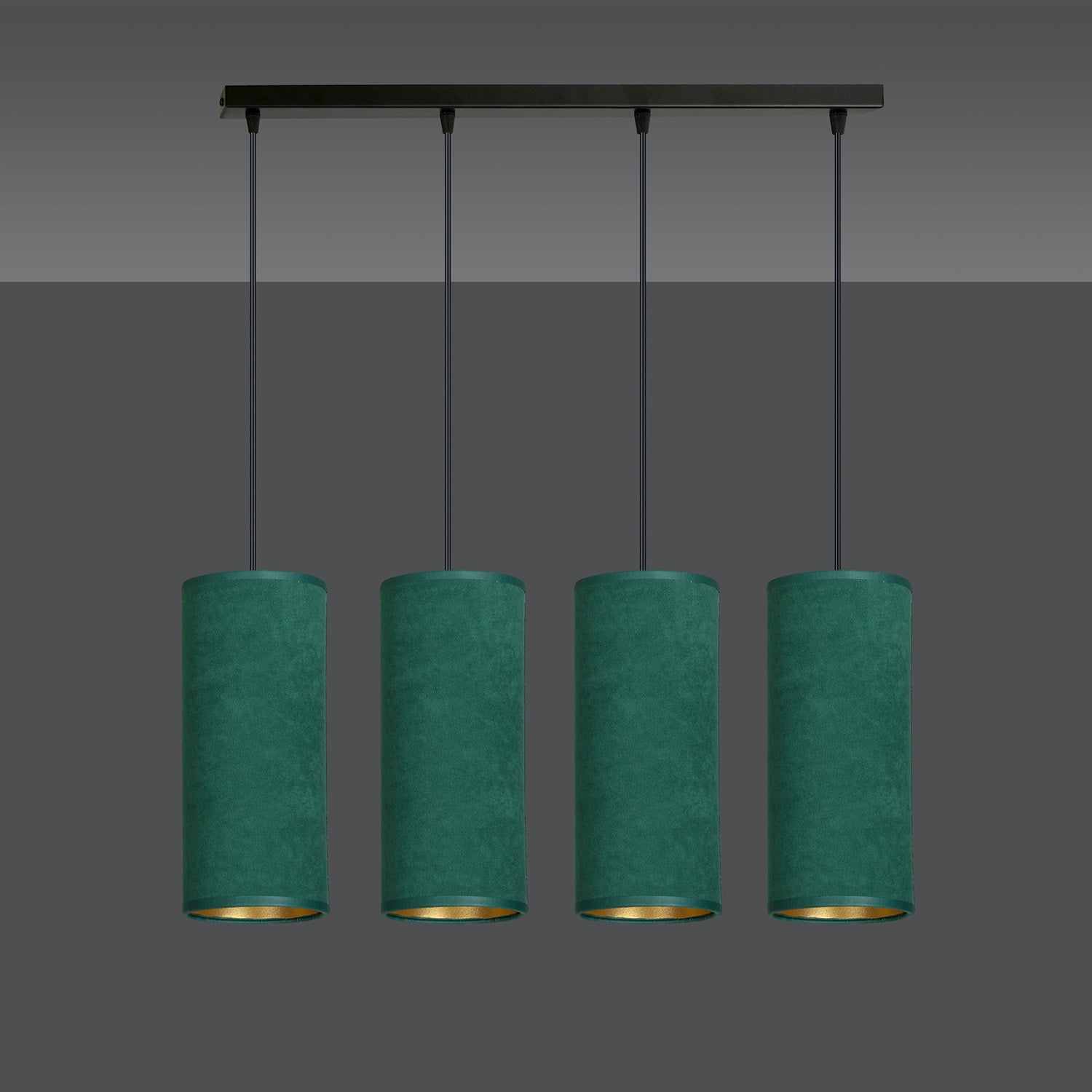 Sospensione 4 Luci Bente In Acciaio Nero E Paralumi Verde E Oro