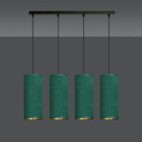 Sospensione 4 Luci Bente In Acciaio Nero E Paralumi Verde E Oro