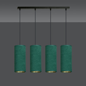 Sospensione 4 Luci Bente In Acciaio Nero E Paralumi Verde E Oro