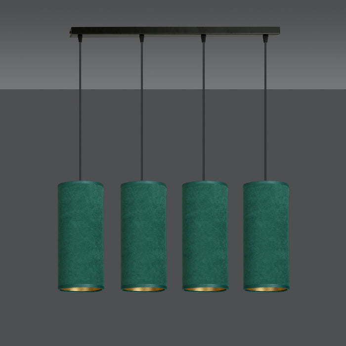 Sospensione 4 Luci Bente In Acciaio Nero E Paralumi Verde E Oro
