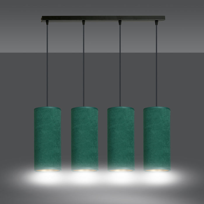 Sospensione 4 Luci Bente In Acciaio Nero E Paralumi Verde E Oro