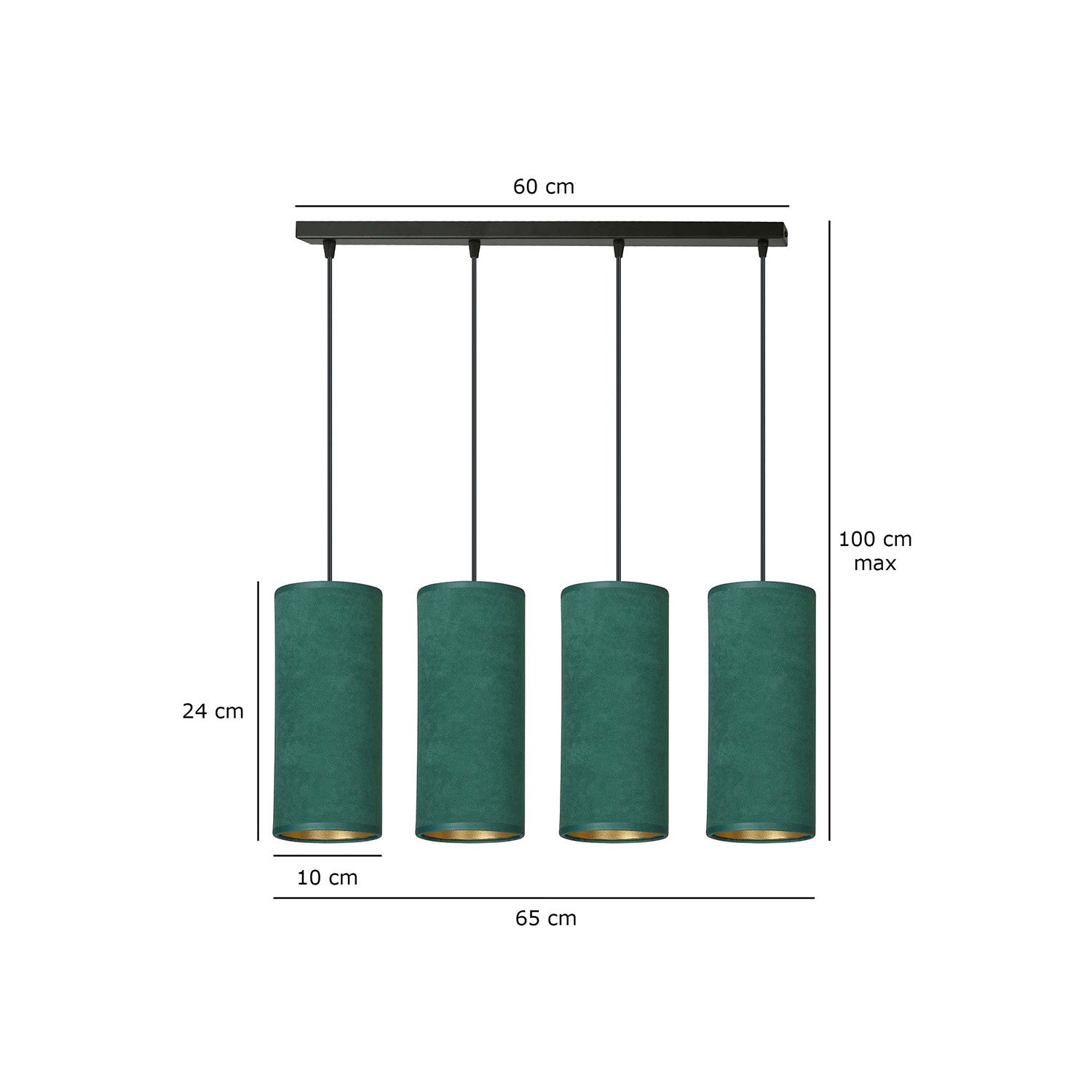 Sospensione 4 Luci Bente In Acciaio Nero E Paralumi Verde E Oro