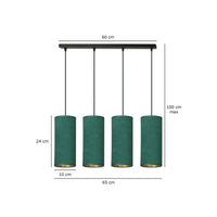 Sospensione 4 Luci Bente In Acciaio Nero E Paralumi Verde E Oro
