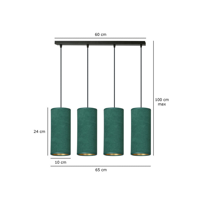 Sospensione 4 Luci Bente In Acciaio Nero E Paralumi Verde E Oro