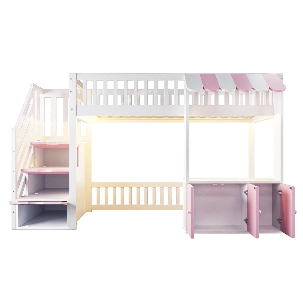 Letto a soppalco 90x200 cm rosa e bianco con scala contenitore e luci LED