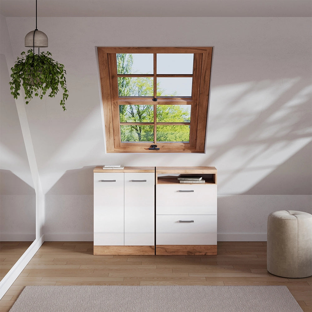 Set di mobili sottotetto Rion Bianco lucido/Rovere dorato 120 cm Set di 2 carcasse armadio profondità 60 cm Vicco