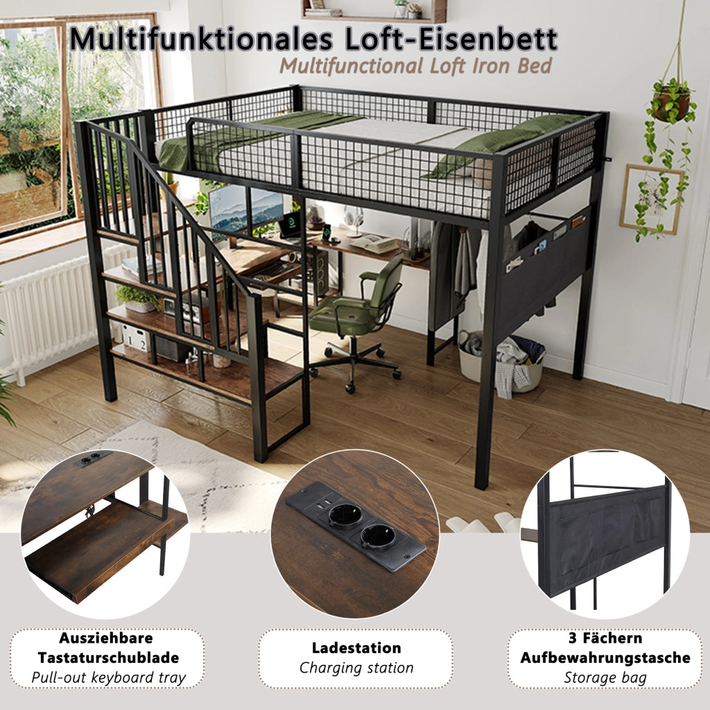 letto alto in metallo e legno nero 140 x 200 cm