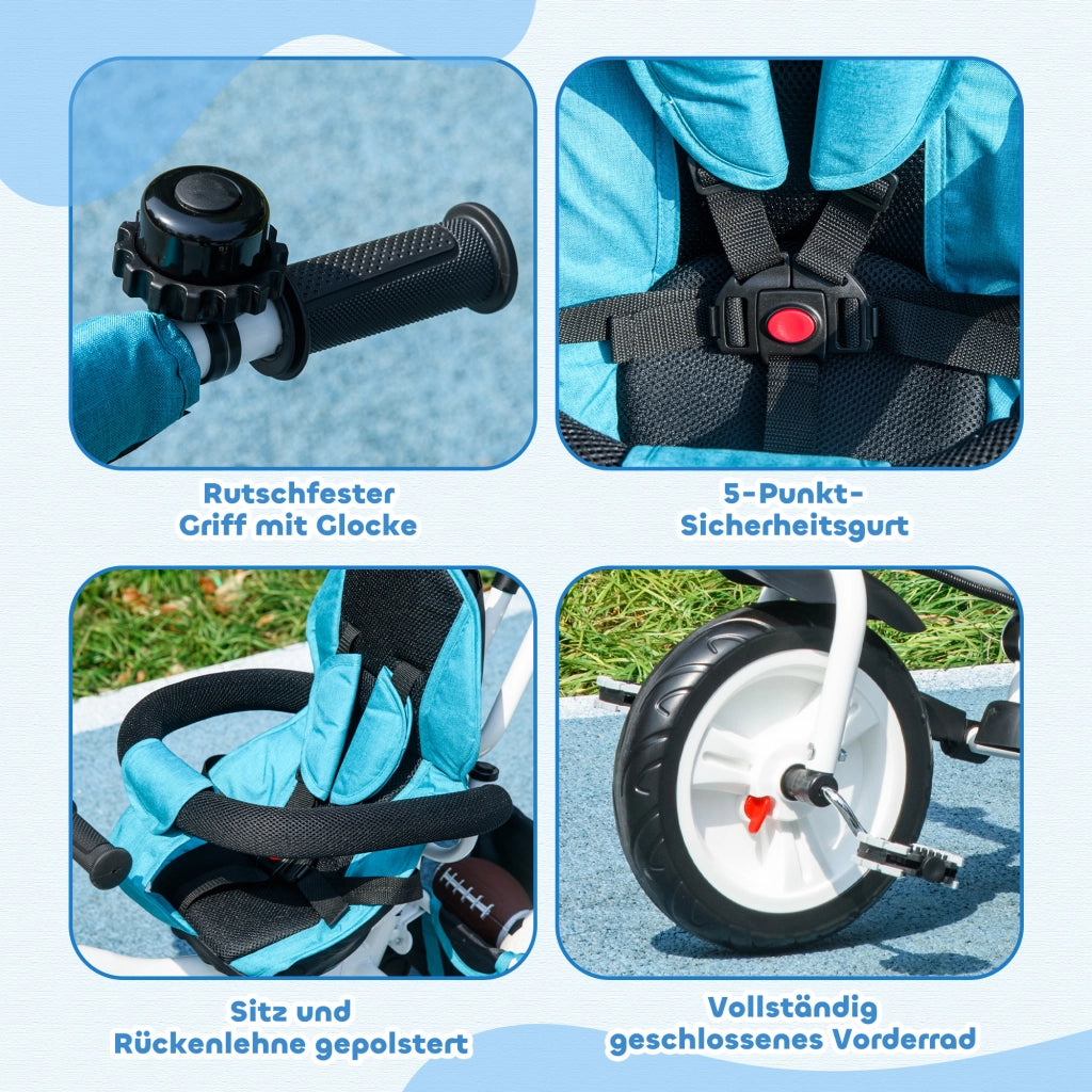 Triciclo per Bambini 6 in 1 ¨C Zephmum ¨C Con Sbarra di Spinta, Cestino, Blu