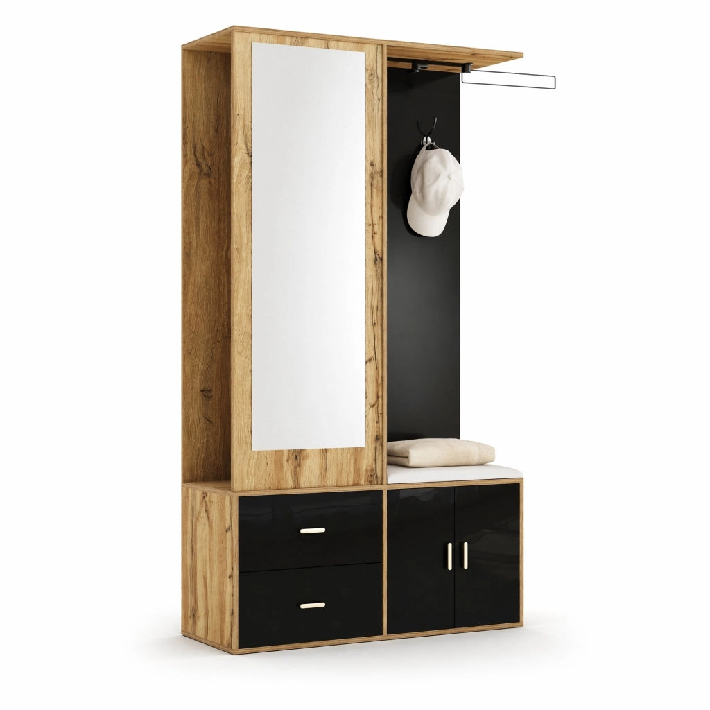 Guardaroba da ingresso con specchio; scarpiera e panca 100x38x180 cm; nero e naturale