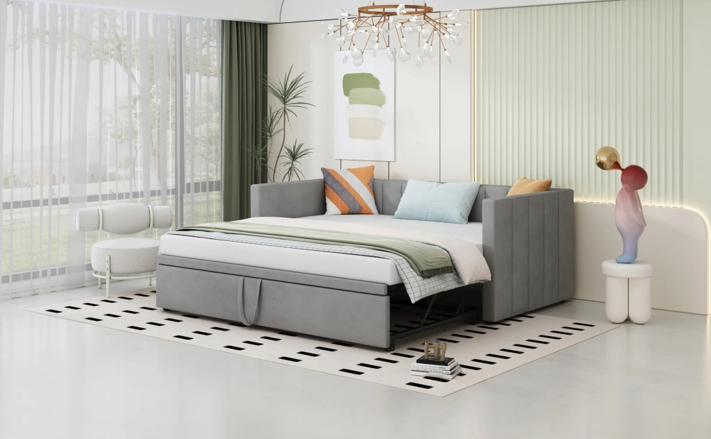 Divano letto 90x200 - Xylo - Grigio, velluto, senza materasso