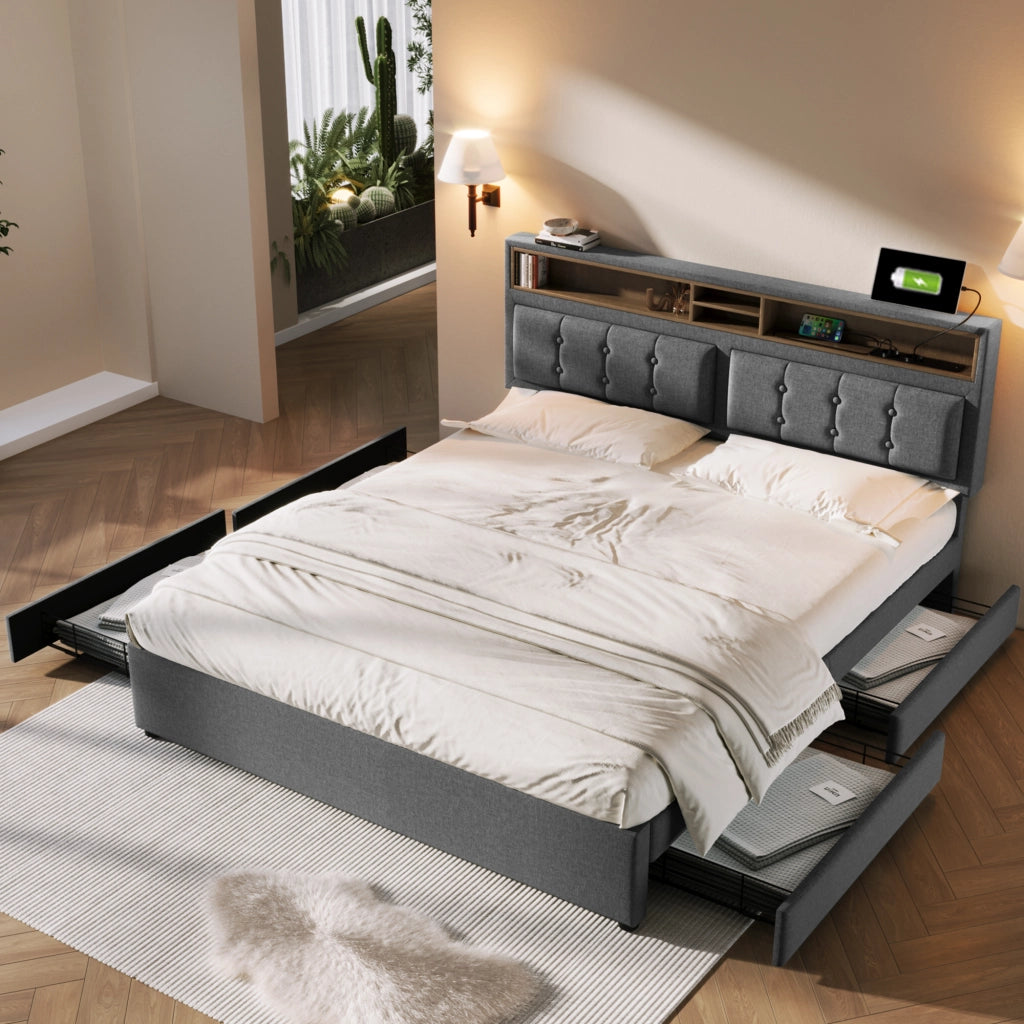 OKWISH Letto con Cassetti Letto Matrimoniale, 4 Cassetti, USB, Tipo C e Prese, 140×200 cm, senza Materasso, in Lino, Grigio