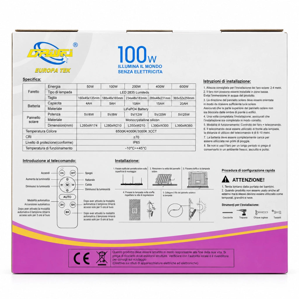 FARO LED SOLARE 100W 3CCT DA ESTERNO IP65 TELECOMANDO PANNELLO LUCE 120 ET-31773