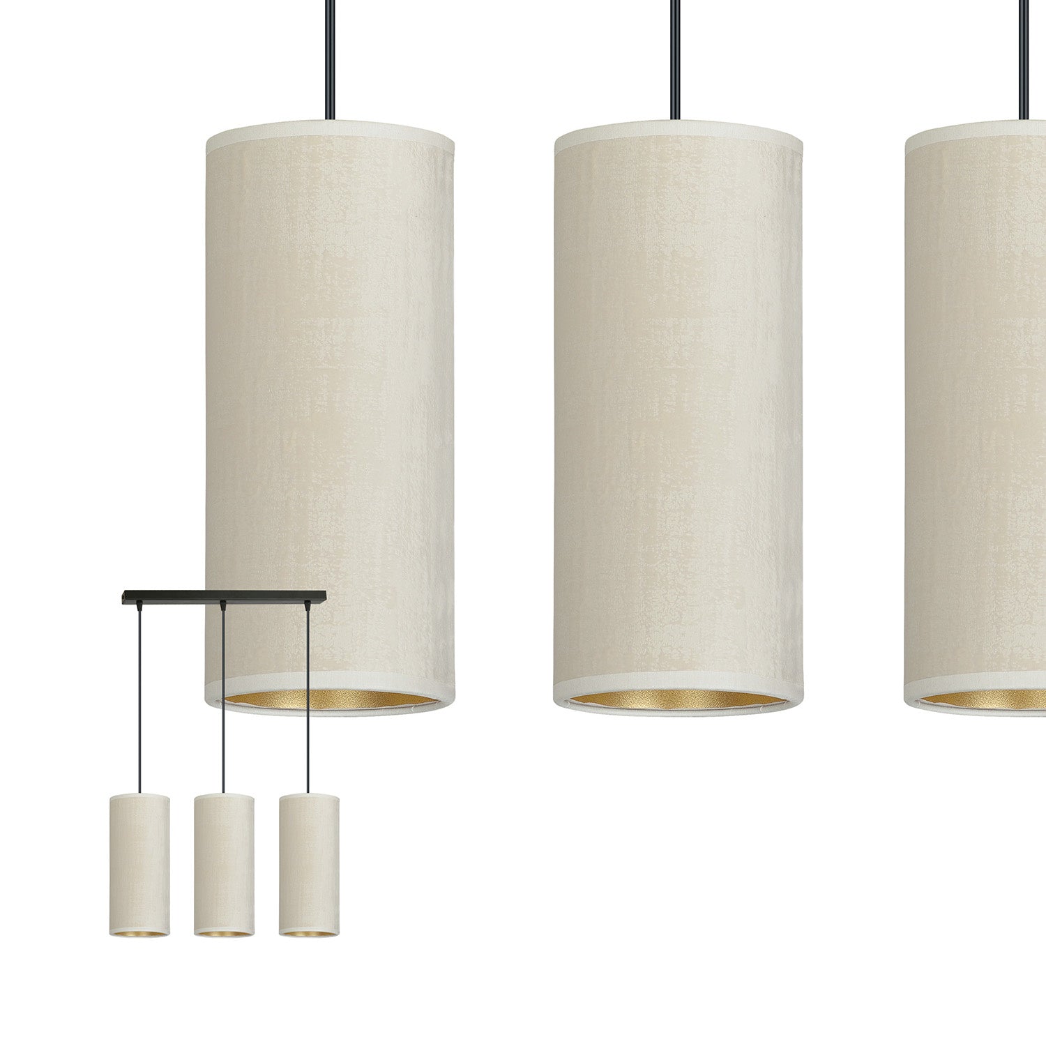 Sospensione 3 Luci Bente In Acciaio Nero E Paralumi Bianco E Oro