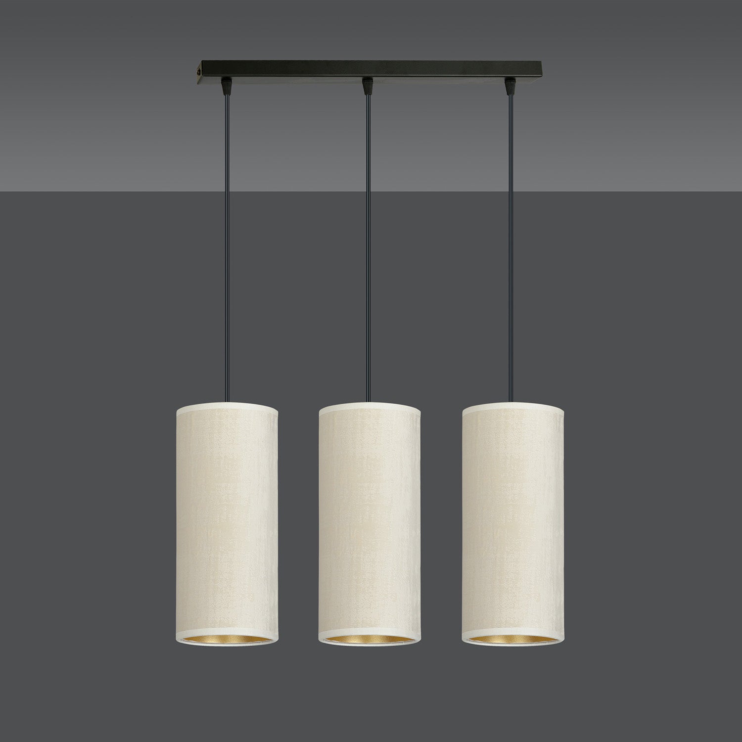 Sospensione 3 Luci Bente In Acciaio Nero E Paralumi Bianco E Oro