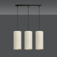 Sospensione 3 Luci Bente In Acciaio Nero E Paralumi Bianco E Oro