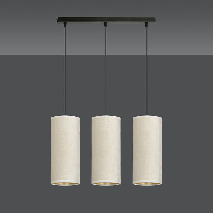 Sospensione 3 Luci Bente In Acciaio Nero E Paralumi Bianco E Oro