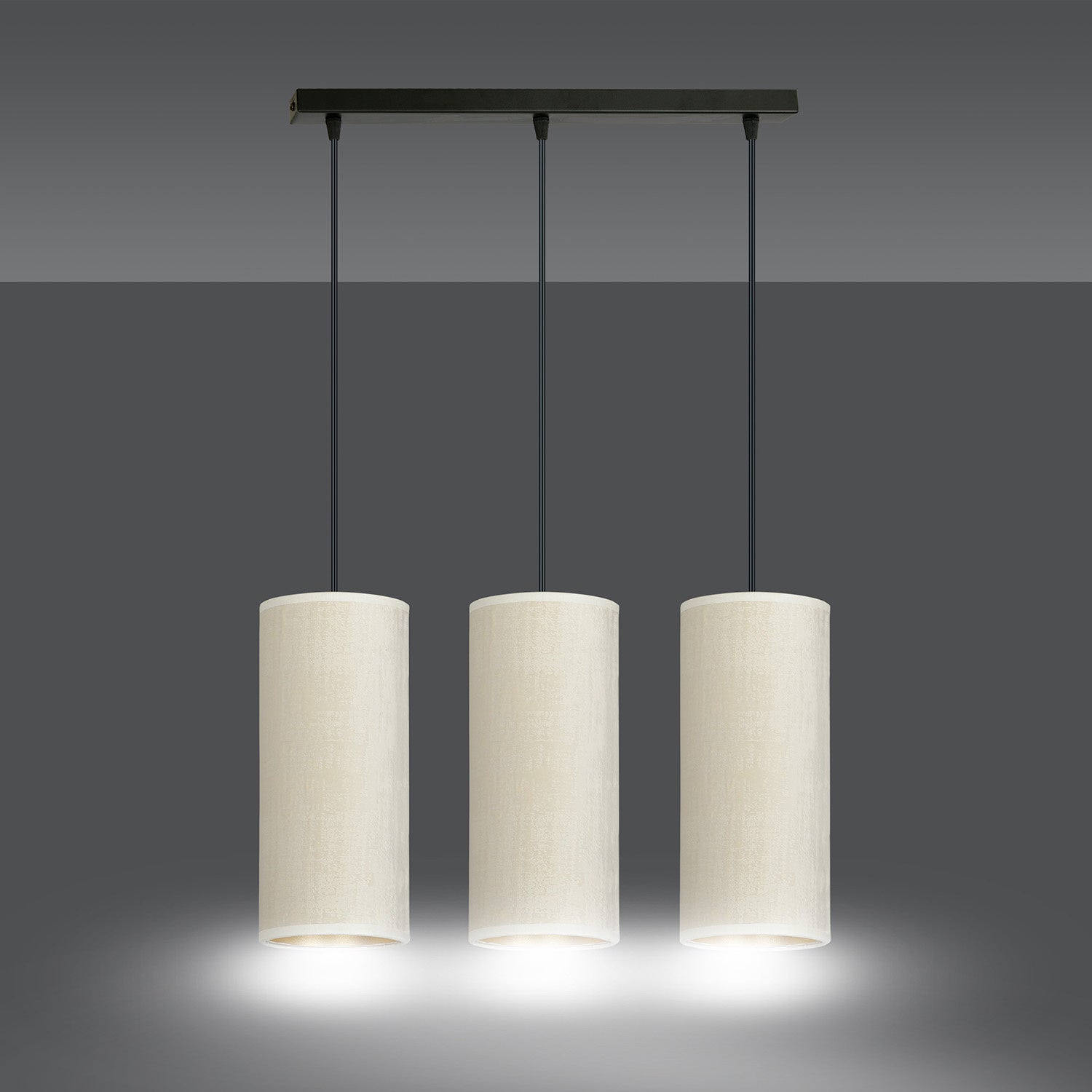 Sospensione 3 Luci Bente In Acciaio Nero E Paralumi Bianco E Oro