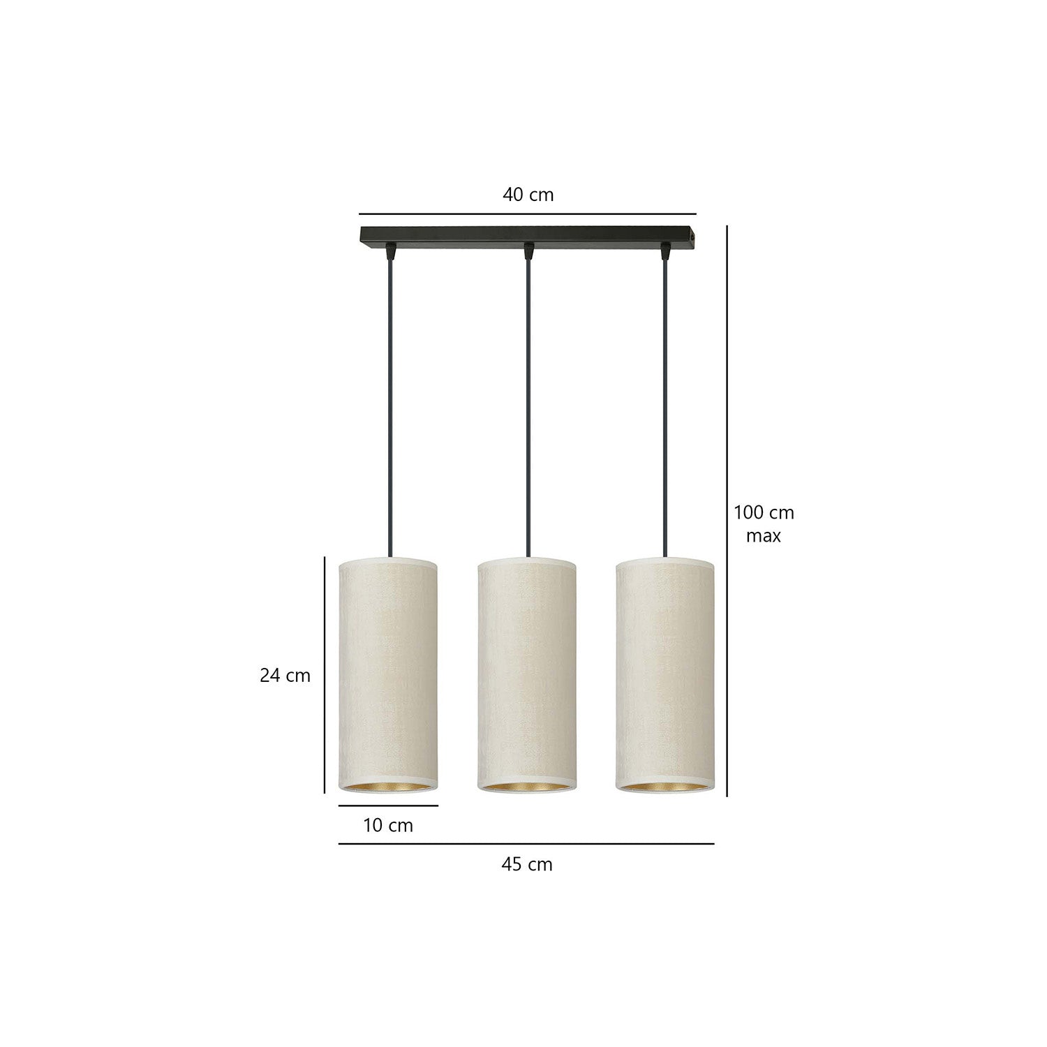 Sospensione 3 Luci Bente In Acciaio Nero E Paralumi Bianco E Oro