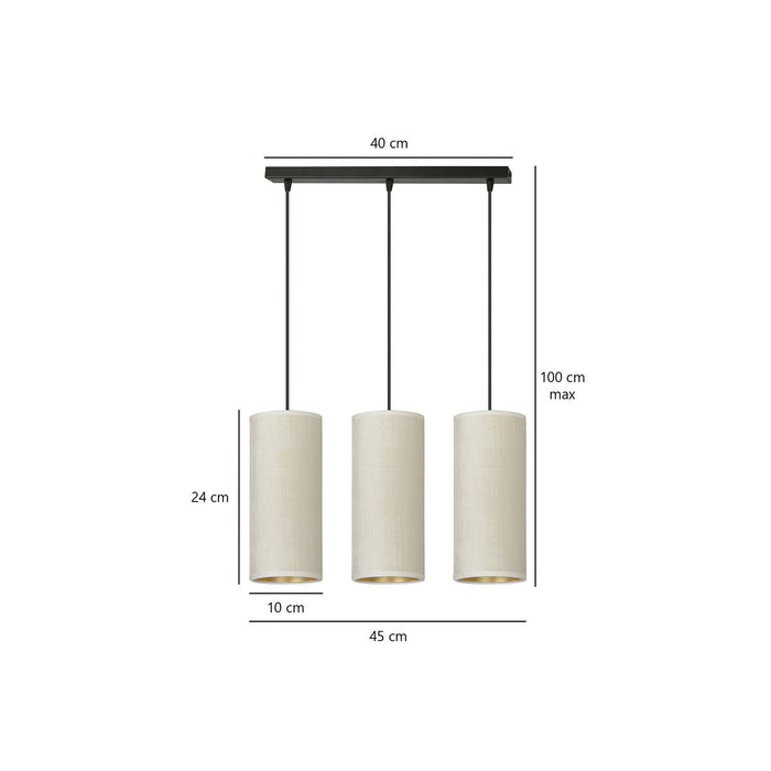 Sospensione 3 Luci Bente In Acciaio Nero E Paralumi Bianco E Oro
