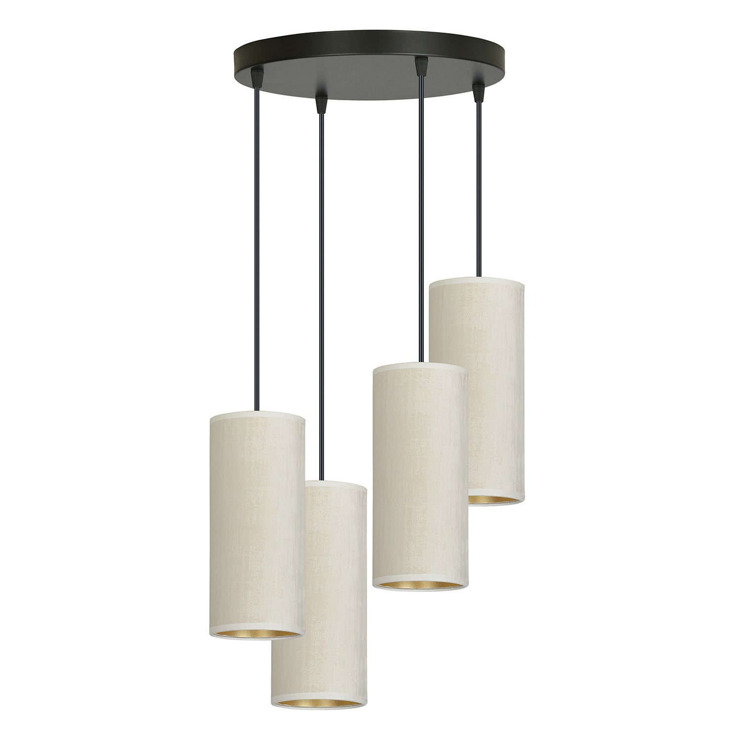 Sospensione Tonda 4 Luci Bente In Acciaio Nero E Paralumi Bianco E Oro