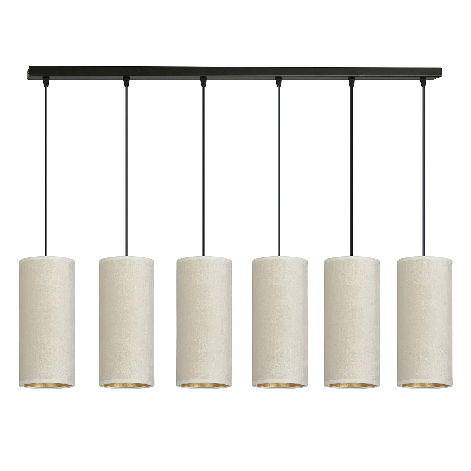 Sospensione 6 Luci Bente In Acciaio Nero E Paralumi Bianco E Oro