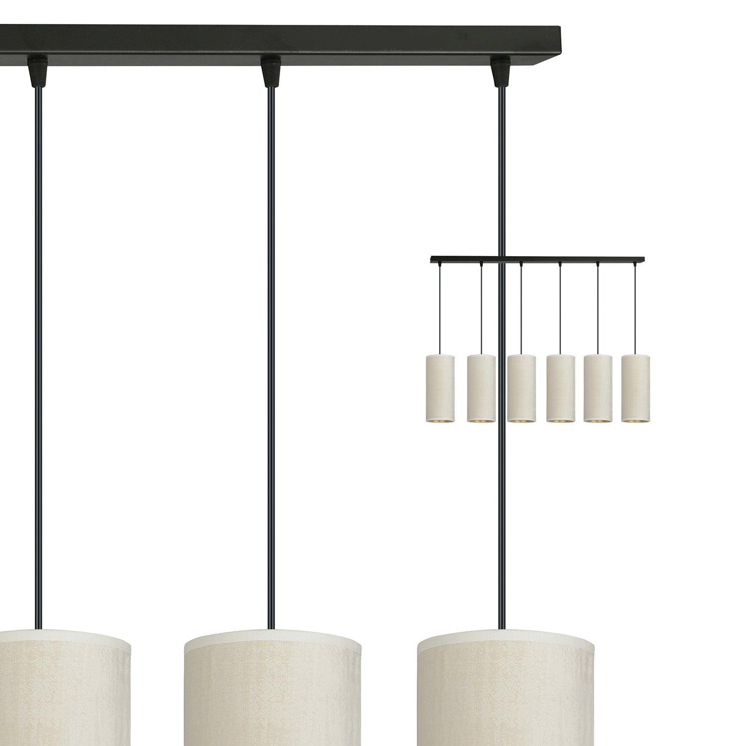 Sospensione 6 Luci Bente In Acciaio Nero E Paralumi Bianco E Oro