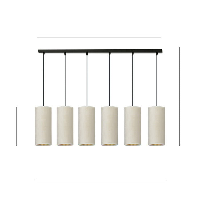 Sospensione 6 Luci Bente In Acciaio Nero E Paralumi Bianco E Oro