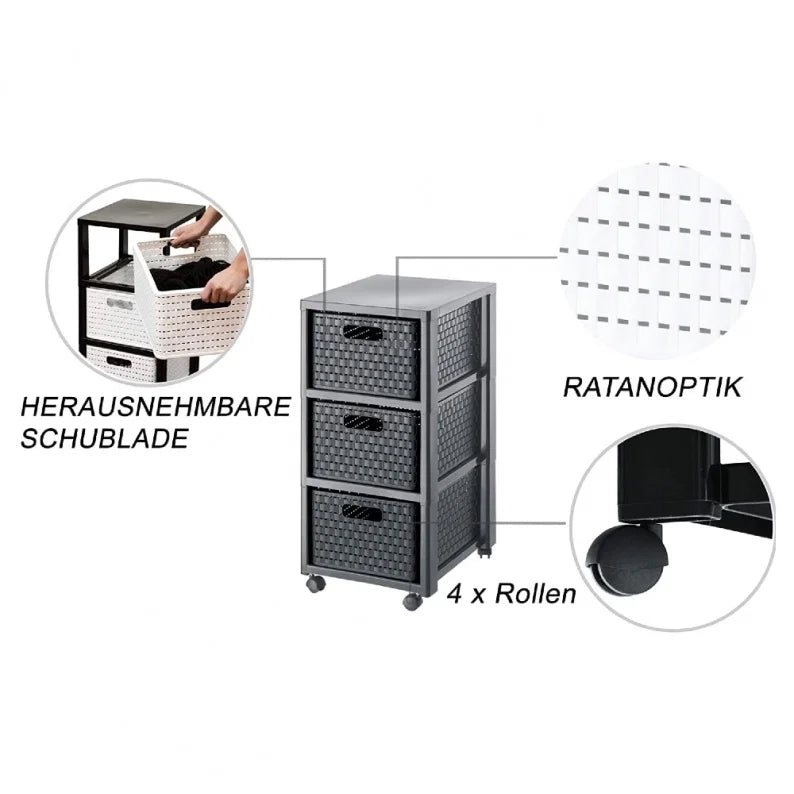 Rotho Country Contenitore Arrotolabile con 3 Cassetti in Rattan, Plastica (PP) senza BPA, colore Grigio (Antracite), 3 x A4/18 L, 37.5 x 32.5 x 71.2 cm