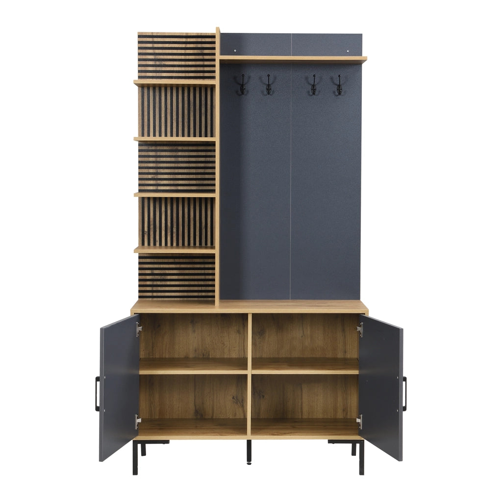 Mobile Ingresso con 4 Ripiani Laterali e Ganci; Ripiano Inferiore Regolabile; Stile Moderno; in Pannello; Naturale; 100??40??190;5 cm