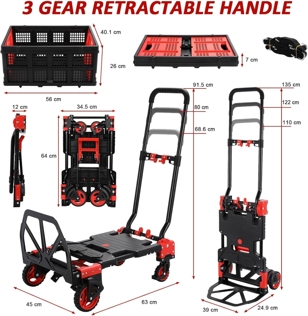 Carrello 2-in-1 con con Grande Scatola Pieghevole, Carrello a Piattaforma max. 150 kg, 2 Elastici con Gancio, Regolabile in Altezza a 3 Livelli, per Trasporto, Shopping, Campeggio, Trasloco (Rosso)