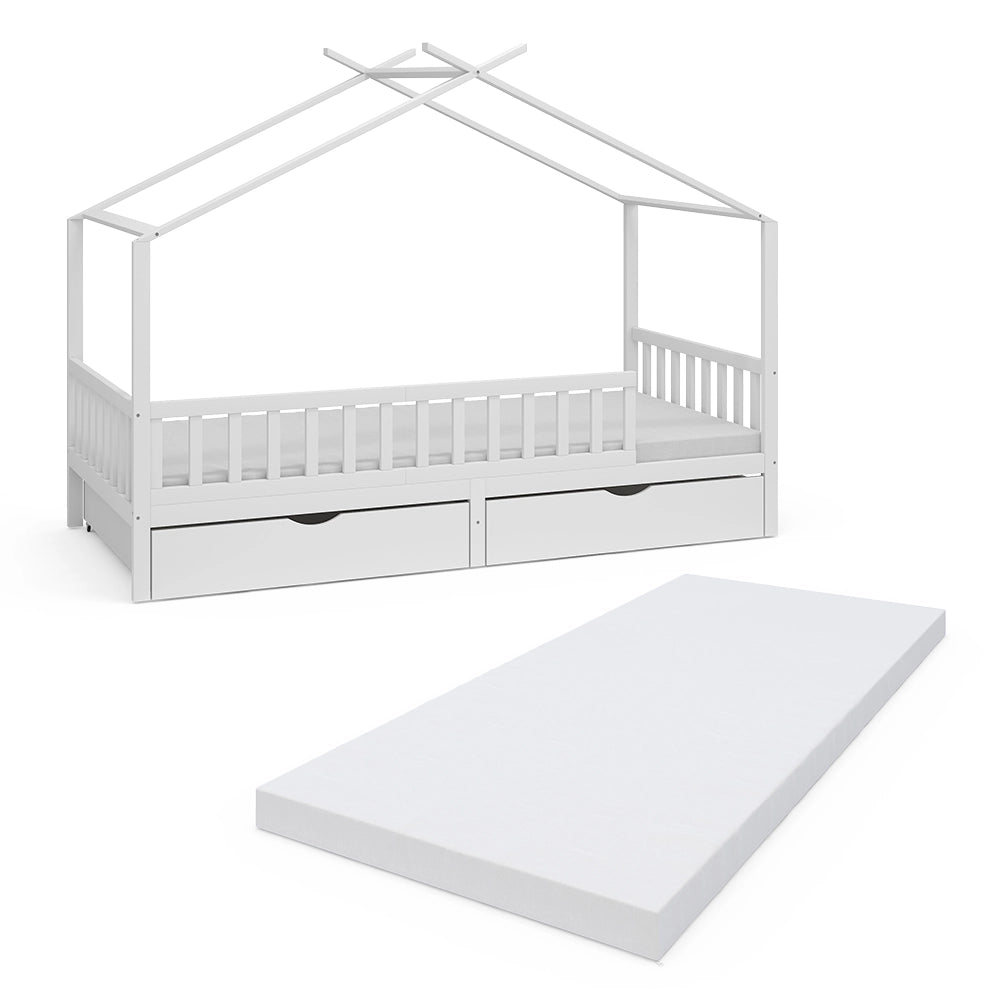 Vitalispa Letto montessori bambini Bianco 90x200 cm con 2 cassetti e materasso
