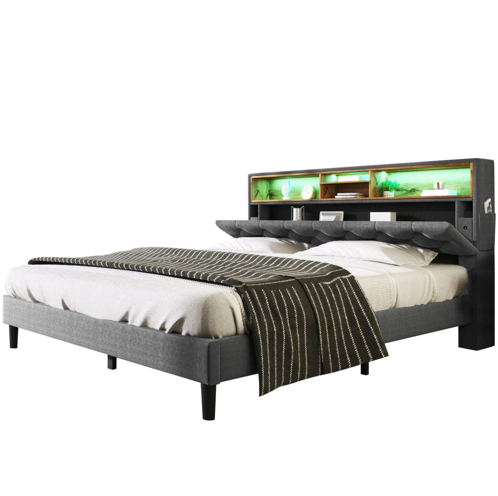 Letto matrimoniale imbottito 140x200 cm con testiera contenitore e LED; grigio