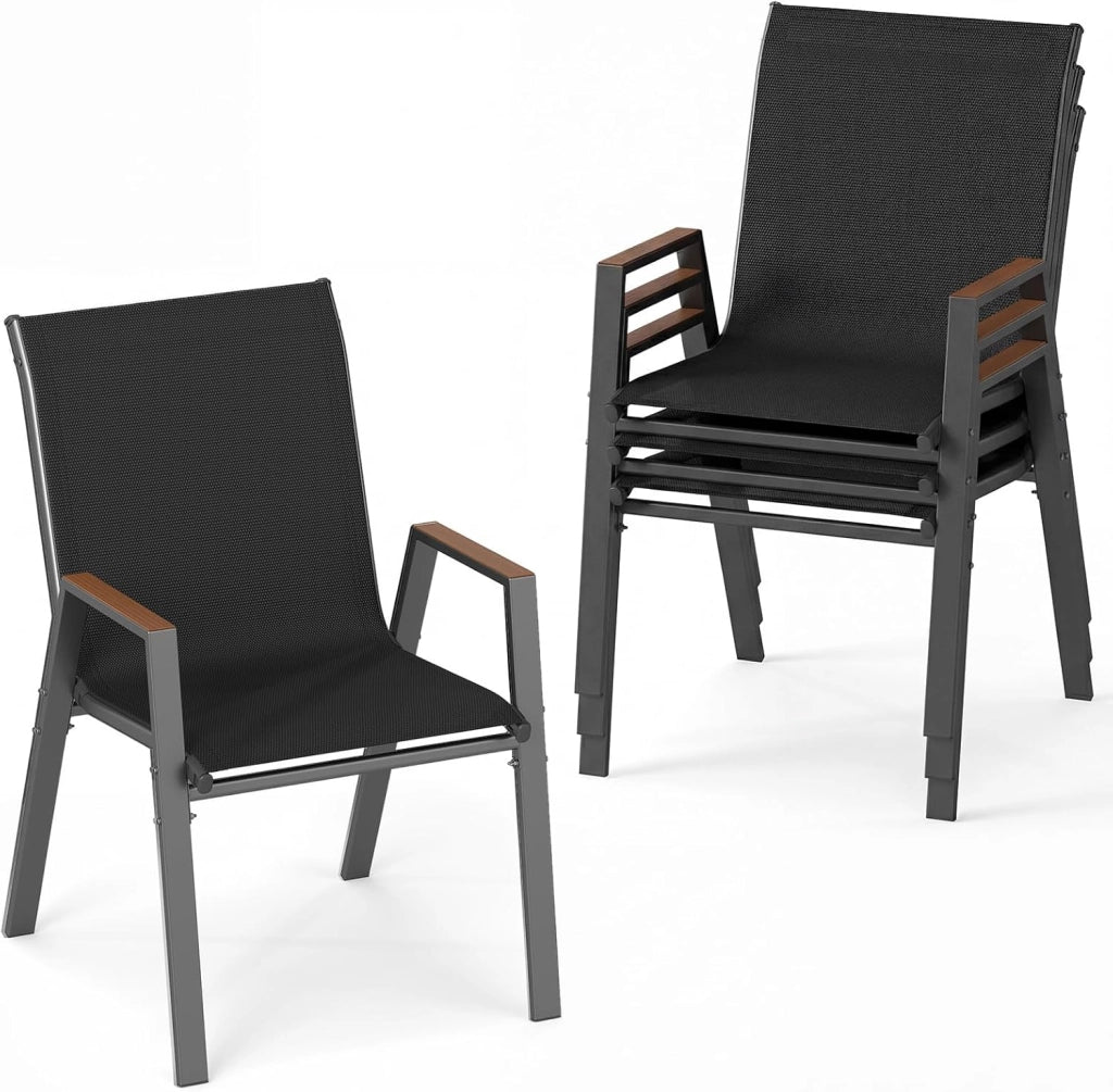 Set di 2/4 Sedie da Giardino, Poltrone in Tessuto Textilene per Esterno, Sedie Impilabili con Gambe in Metallo, Portata 180 kg, 56 x 66 x 88 cm (Nero,2)