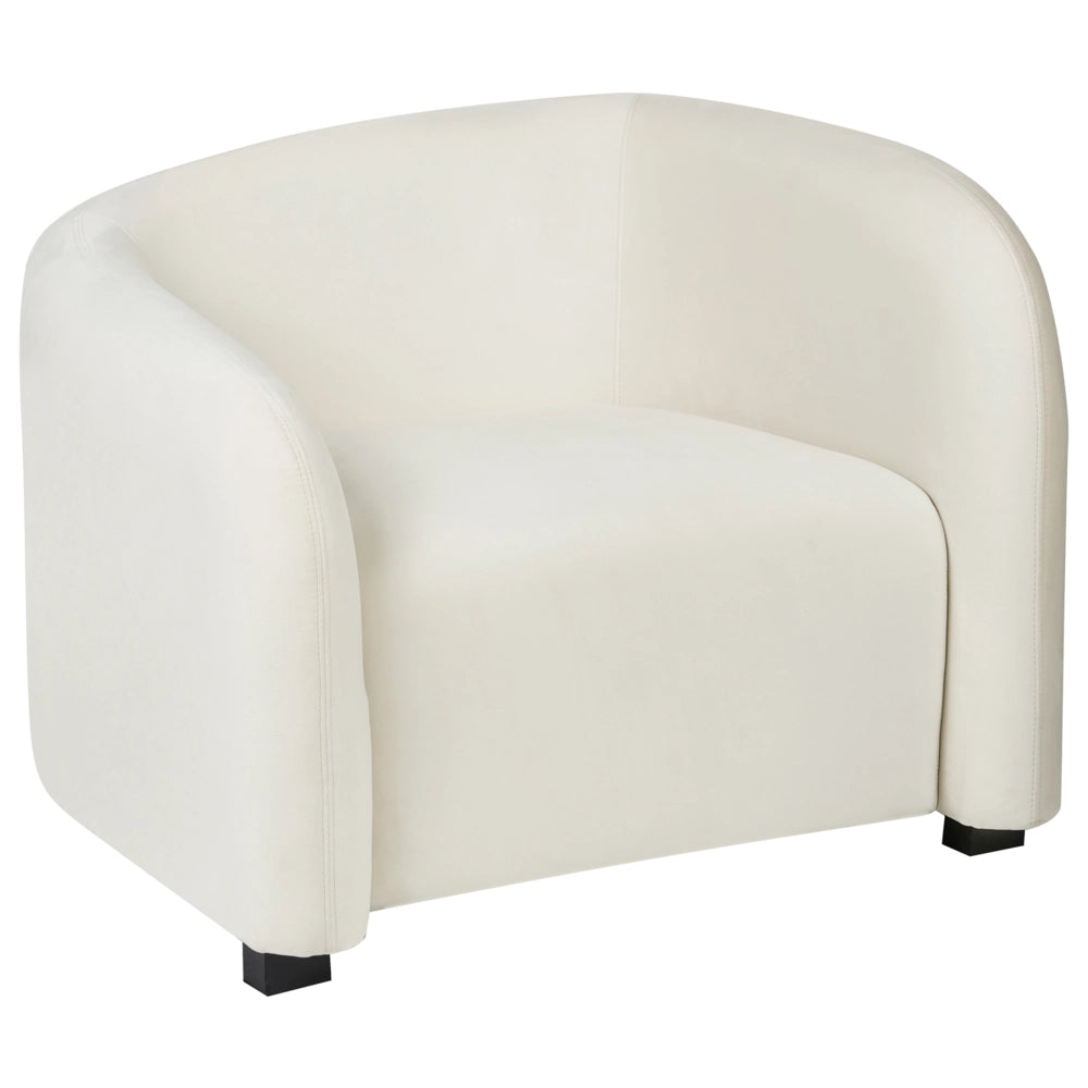 Set da salotto in velluto bianco sporco con divano e poltrone imbottiti davanti e dietro, schienale curvo, design moderno