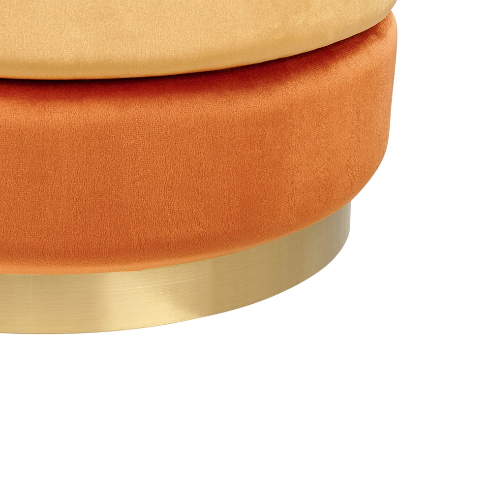 Pouf in tessuto di velluto di colore arancione rotondo con base in oro glamour stile moderno