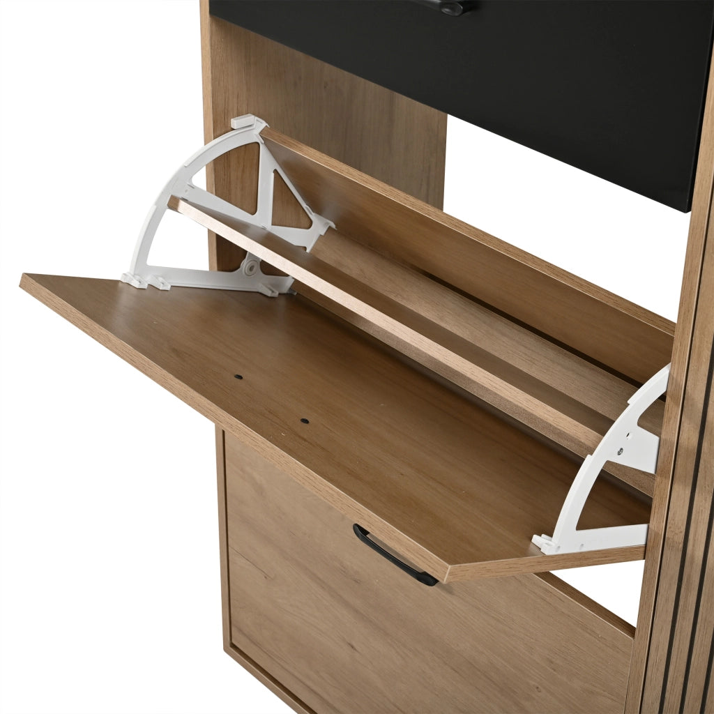 Scarpiera, mobile da ingresso, scarpiere a ribalta, con cassetti, 100 x 35 x 106 cm, color legno naturale e nero