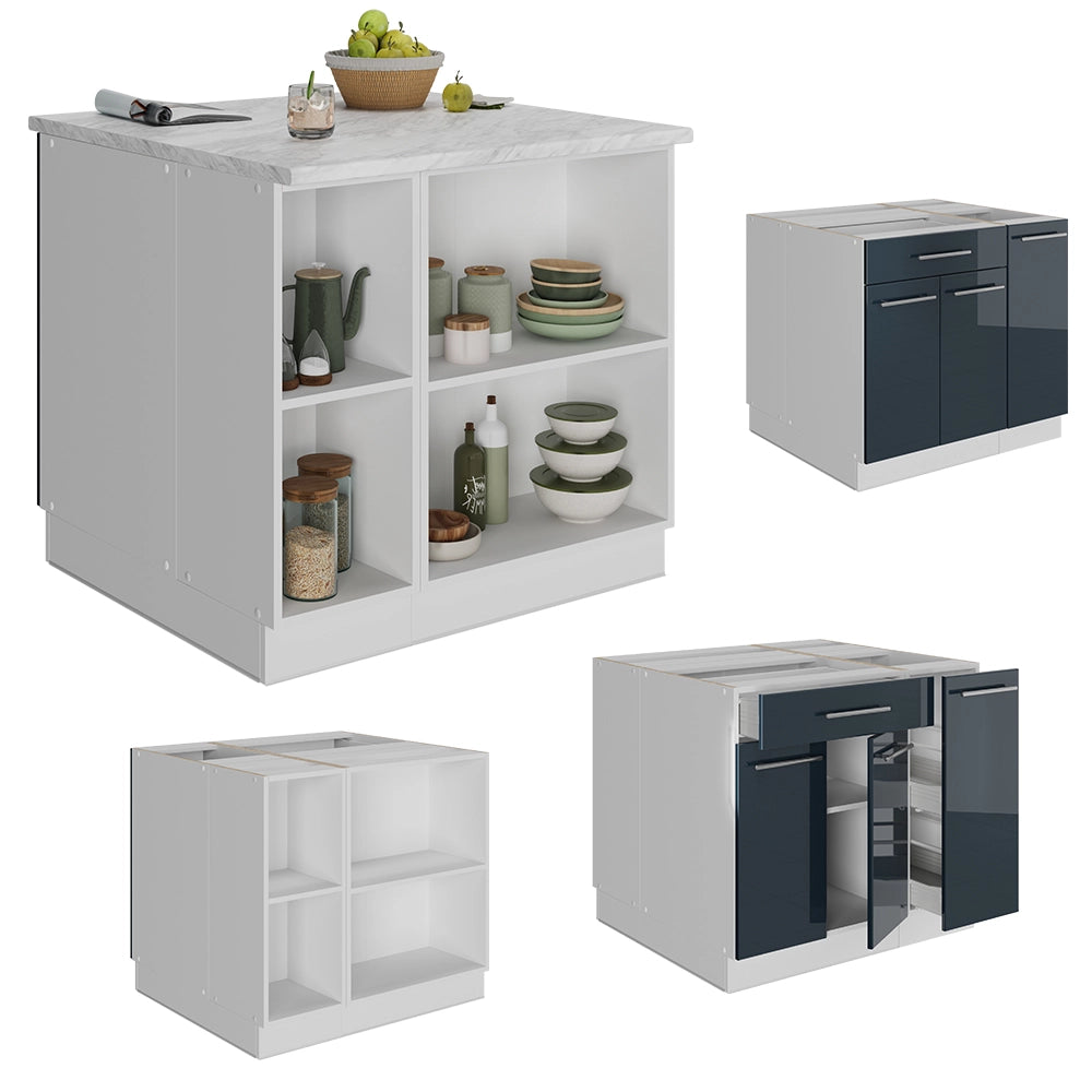 Isola da cucina Fame-Line Blu scuro lucido/Bianco 90 cm con cassetto, senza piano di lavoro Vicco